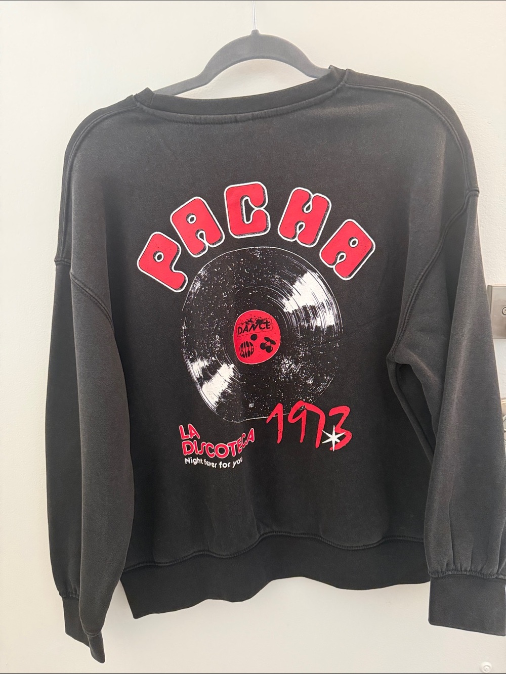 H&M Pacha Disco Club Black Crewneck Sweatshirt with Small Red Cherry Graphic